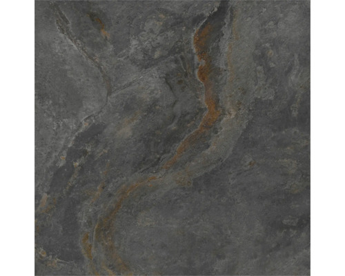 Carreau en grès cérame aspect ardoise, gris foncé avec des accents brun rouille, surface structurée.