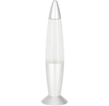 Lampe à lave argentée en forme de fusée avec boîtier métallique.