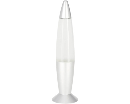 Lampe à lave argentée en forme de fusée avec boîtier métallique.