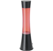 Lampe à lave avec socle et couvercle noirs et liquide rouge dans un corps en verre.