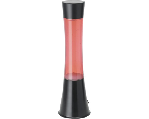 Lampe à lave avec socle et couvercle noirs et liquide rouge dans un corps en verre.