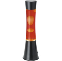 Lampe à lave avec socle noir, cylindre en verre avec liquide rouge et cire orange.
