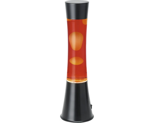 Lampe à lave avec socle noir, cylindre en verre avec liquide rouge et cire orange.