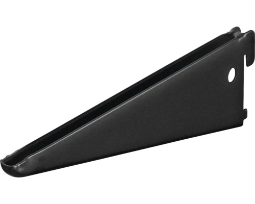Schwarzer Regalbodenträger aus Metall für Wandschienen.