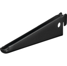 Schwarzer Fachbodenträger aus Metall für Wandschienen, U-Profil mit zwei Einhängehaken für Regalsysteme.