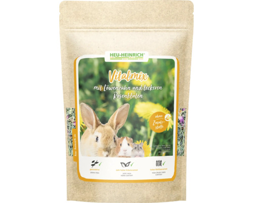 Heu-Heinrich Vitalmix Kleintierfutter mit Löwenzahn und Rosenblüten in der Packung, getreidefrei, hoher Kräuteranteil.