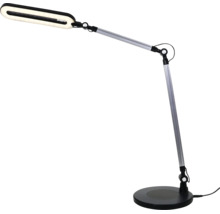 Verstellbare LED-Schreibtischleuchte mit silbernem Metallarm, rundem schwarzem Standfuß und ovalem Leuchtenkopf.