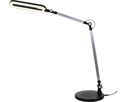 Verstellbare LED-Schreibtischleuchte mit silbernem Metallarm, rundem schwarzem Standfuß und ovalem Leuchtenkopf.