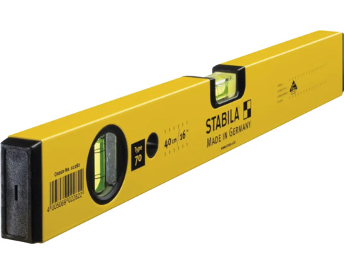 Niveau à bulle Stabila jaune Type 70, longueur 40 centimètres, avec fioles horizontale et verticale.