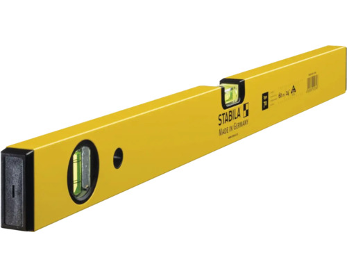 Niveau à bulle Stabila Type 70 jaune, longueur 60 centimètres, en aluminium avec fioles horizontale et verticale.