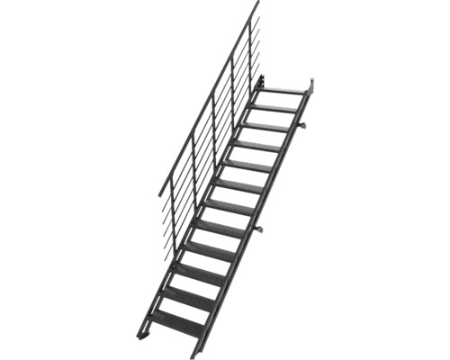 Gerade Metalltreppe mit einseitigem Geländer und profilierten Stufen.