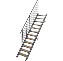 Gerade Treppe mit Metallwangen, Holzstufen und einseitigem Metallgeländer.