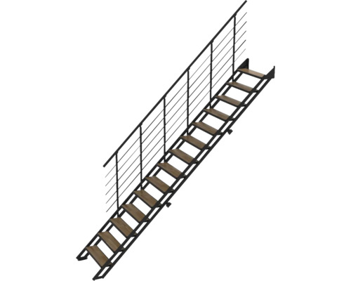 Gerade Treppe mit schwarzer Metallkonstruktion, Holzstufen und Geländer mit Querstäben.