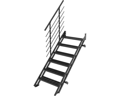 Escalier extérieur en acier avec sept marches en caillebotis et une main courante unilatérale.