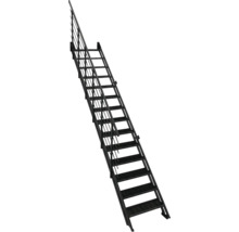 Gerade Stahltreppe mit Gitterroststufen und einseitigem Geländer.