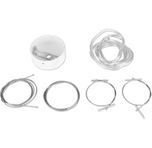 Kit de suspension pour lampes avec pavillon blanc, câble de raccordement transparent et quatre câbles en acier.