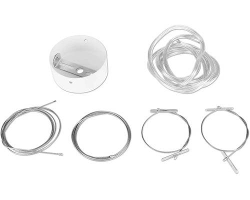 Kit de suspension pour lampes avec pavillon blanc, câble de raccordement transparent et quatre câbles en acier.