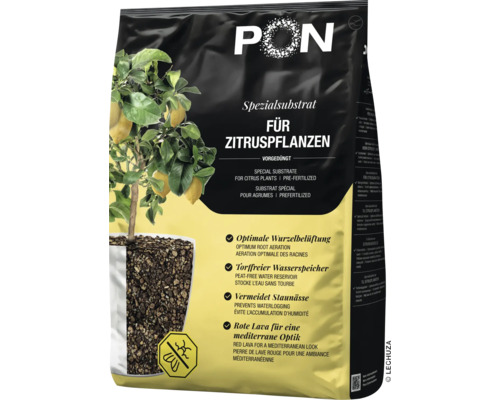 Substrat spécial Lechuza PON pour agrumes, pré-fertilisé, sans tourbe et avec lave rouge, sac avec image d'un citronnier.