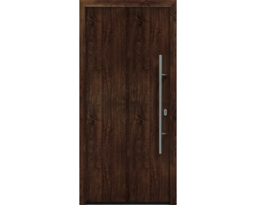 Porte d'entrée EcoStar ISOPRO IP 010 1100 x 2100 mm droite dark oak avec ensemble de ferrures, poignée barre en acier inoxydable, cylindre profilé de sécurité avec 5 clés