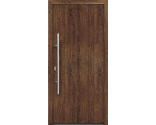 Porte d'entrée EcoStar ISOPRO IP 010 1100 x 2100 mm gauche dark oak avec ensemble de ferrures, poignée barre en acier inoxydable, cylindre profilé de sécurité avec 5 clés