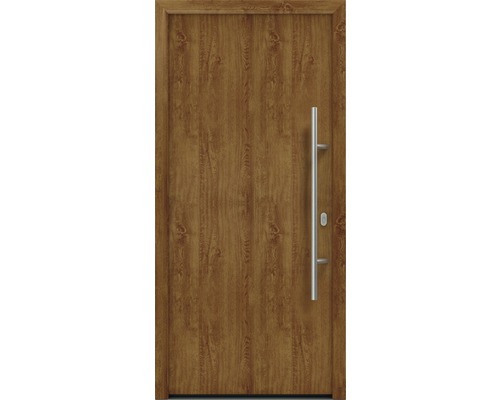 Porte d'entrée EcoStar ISOPRO IP 010 1100 x 2100 mm droite golden oak avec ensemble de ferrures, poignée barre en acier inoxydable, cylindre profilé de sécurité avec 5 clés