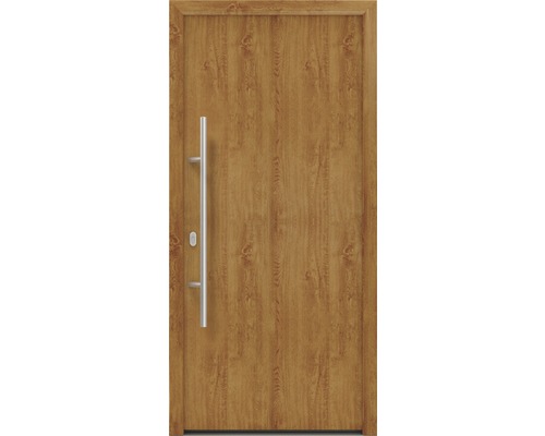 Porte d'entrée EcoStar ISOPRO IP 010 1100 x 2100 mm gauche golden oak avec ensemble de ferrures, poignée barre en acier inoxydable, cylindre profilé de sécurité avec 5 clés