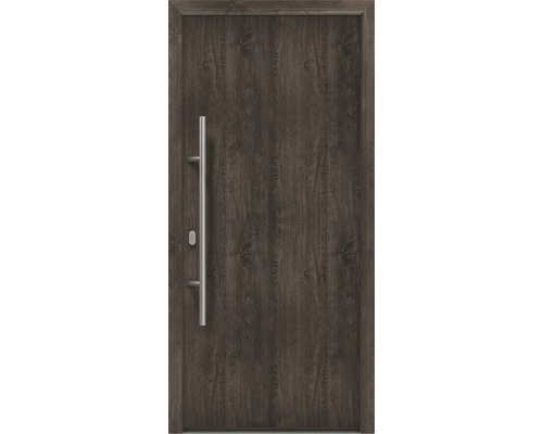 Porte d'entrée EcoStar ISOPRO IP 010 1100 x 2100 mm gauche night oak avec ensemble de ferrures, poignée barre en acier inoxydable, cylindre profilé de sécurité avec 5 clés