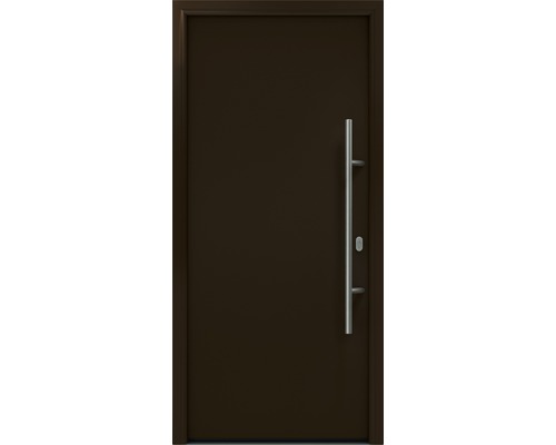 Porte d'entrée EcoStar ISOPRO IP 010 1100 x 2100 mm droite RAL 8028 marron terre cuite avec ensemble de ferrures, poignée barre en acier inoxydable, cylindre profilé de sécurité avec 5 clés