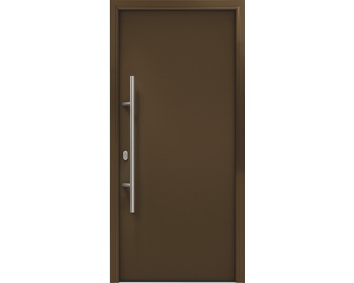 Porte d'entrée EcoStar ISOPRO IP 010 1100 x 2100 mm gauche RAL 8028 marron terre cuite avec ensemble de ferrures, poignée barre en acier inoxydable, cylindre profilé de sécurité avec 5 clés