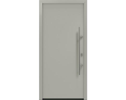 Porte d'entrée EcoStar ISOPRO IP 010 1100 x 2100 mm droite RAL 9006 aluminium blanc mat avec ensemble de ferrures, poignée barre en acier inoxydable, cylindre profilé de sécurité avec 5 clés Porte d''entrée grise avec poignée en acier inoxydable
