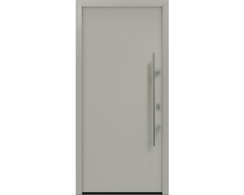 Porte d‘entrée EcoStar ISOPRO IP 010 1100 x 2100 mm droite RAL 9006 aluminium blanc mat avec ensemble de ferrures, poignée barre en acier inoxydable, cylindre profilé de sécurité avec 5 clés