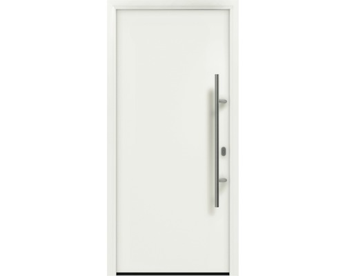 Porte d'entrée EcoStar ISOPRO IP 010 1100 x 2100 mm droite RAL 9016 blanc signalisation avec ensemble de ferrures, poignée barre en acier inoxydable, cylindre profilé de sécurité avec 5 clés