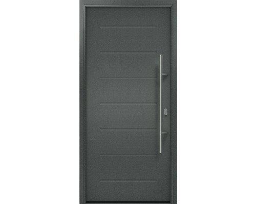 Porte d'entrée EcoStar ISOPRO IP 015 1100 x 2100 mm droite CH703 anthracite metallic avec ensemble de ferrures, poignée barre en acier inoxydable, cylindre profilé de sécurité avec 5 clés Porte d''entrée grise avec poignée en acier inoxydable et lignes décoratives horizontales