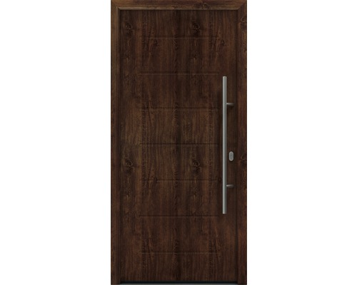 Porte d'entrée EcoStar ISOPRO IP 015 1100 x 2100 mm droite dark oak avec ensemble de ferrures, poignée barre en acier inoxydable, cylindre profilé de sécurité avec 5 clés