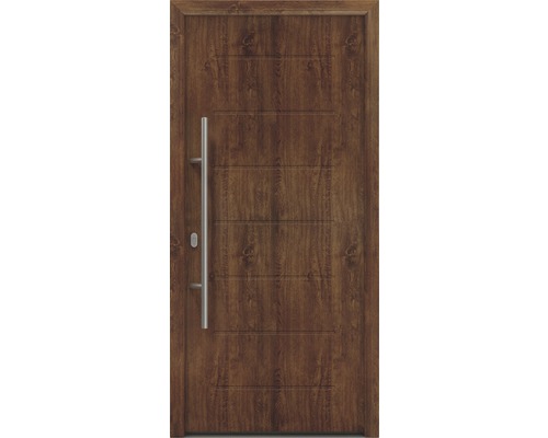 Porte d'entrée EcoStar ISOPRO IP 015 1100 x 2100 mm gauche dark oak avec ensemble de ferrures, poignée barre en acier inoxydable, cylindre profilé de sécurité avec 5 clés