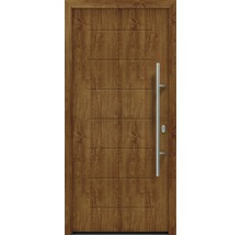 Haustür mit Holzstruktur und Edelstahlgriff