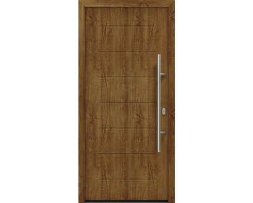 Porte d'entrée EcoStar ISOPRO IP 015 1100 x 2100 mm droite golden oak avec ensemble de ferrures, poignée barre en acier inoxydable, cylindre profilé de sécurité avec 5 clés