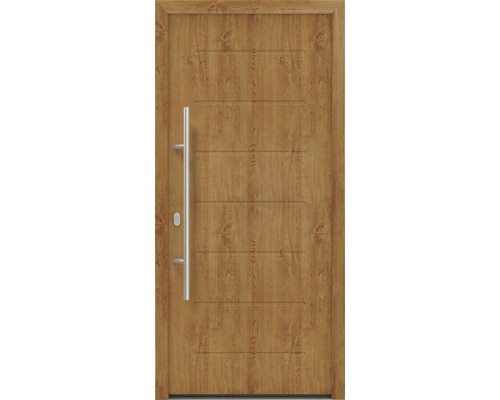 Porte d'entrée EcoStar ISOPRO IP 015 1100 x 2100 mm gauche golden oak avec ensemble de ferrures, poignée barre en acier inoxydable, cylindre profilé de sécurité avec 5 clés