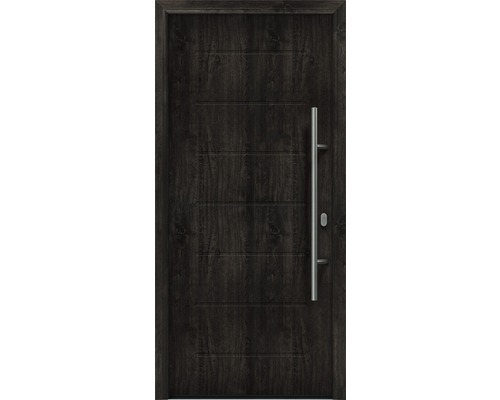 Porte d'entrée EcoStar ISOPRO IP 015 1100 x 2100 mm droite night oak avec ensemble de ferrures, poignée barre en acier inoxydable, cylindre profilé de sécurité avec 5 clés