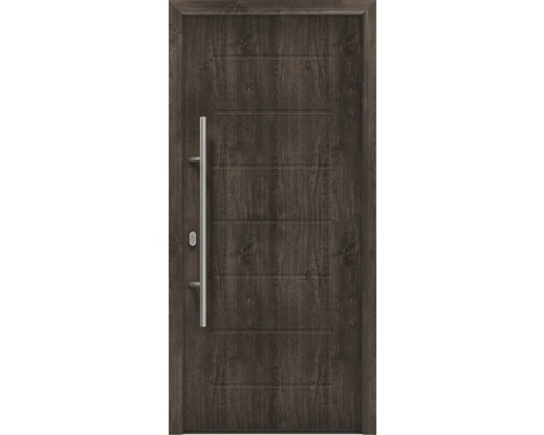 Porte d'entrée EcoStar ISOPRO IP 015 1100 x 2100 mm gauche night oak avec ensemble de ferrures, poignée barre en acier inoxydable, cylindre profilé de sécurité avec 5 clés