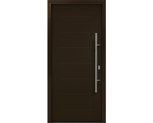 Porte d'entrée EcoStar ISOPRO IP 015 1100 x 2100 mm droite RAL 8028 marron terre cuite avec ensemble de ferrures, poignée barre en acier inoxydable, cylindre profilé de sécurité avec 5 clés Porte d''entrée avec poignée en acier inoxydable