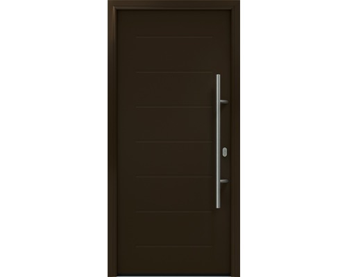 Porte d'entrée EcoStar ISOPRO IP 015 1100 x 2100 mm droite RAL 8028 marron terre cuite avec ensemble de ferrures, poignée barre en acier inoxydable, cylindre profilé de sécurité avec 5 clés