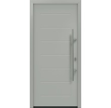 Moderne Haustür mit Edelstahlgriff und horizontalen Linien