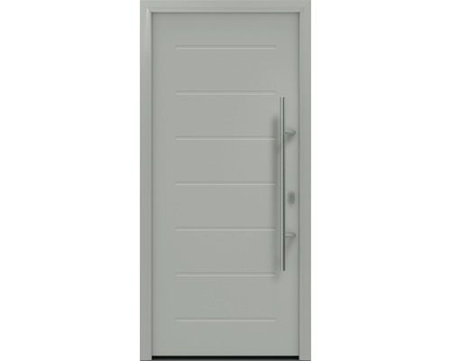 Porte d'entrée EcoStar ISOPRO IP 015 1100 x 2100 mm droite RAL 9006 aluminium blanc mat avec ensemble de ferrures, poignée barre en acier inoxydable, cylindre profilé de sécurité avec 5 clés