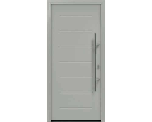 Haustür EcoStar ISOPRO IP 015 1100 x 2100 mm Rechts RAL 9006 weissaluminium matt inkl. Beschlag-Set,Edelstahl Stangengriff,Sicherheitsprofilzylinder mit 5 Schlüsseln Moderne Haustür mit Edelstahlgriff und horizontalen Linien