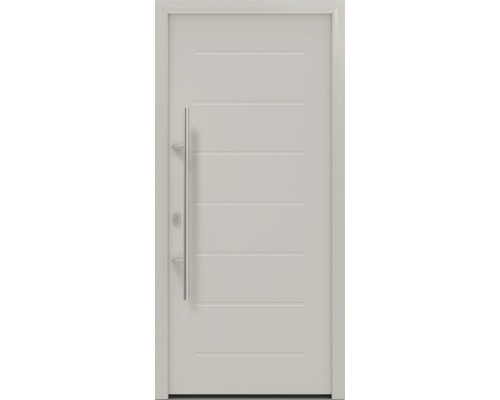 Porte d'entrée EcoStar ISOPRO IP 015 1100 x 2100 mm gauche RAL 9006 aluminium blanc mat avec ensemble de ferrures, poignée barre en acier inoxydable, cylindre profilé de sécurité avec 5 clés