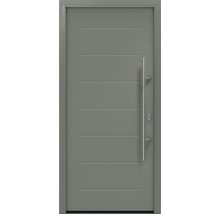 Porte d''entrée grise avec moulures horizontales et poignée en acier inoxydable