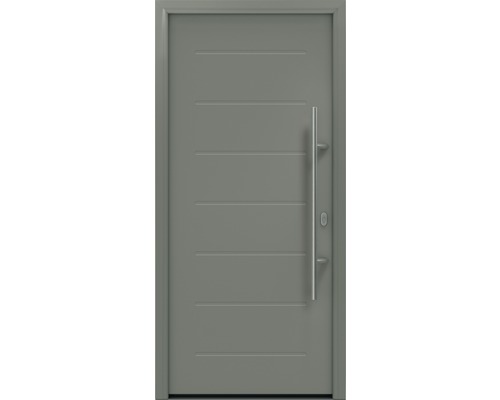 Porte d'entrée EcoStar ISOPRO IP 015 1100 x 2100 mm droite RAL 9007 aluminium gris mat avec ensemble de ferrures, poignée barre en acier inoxydable, cylindre profilé de sécurité avec 5 clés