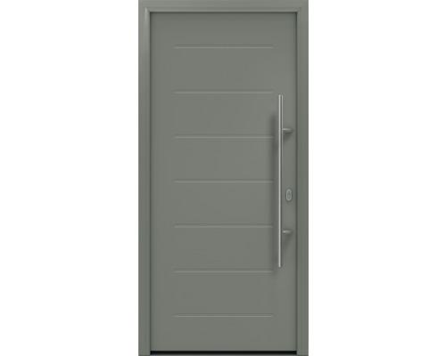 Porte d'entrée EcoStar ISOPRO IP 015 1100 x 2100 mm droite RAL 9007 aluminium gris mat avec ensemble de ferrures, poignée barre en acier inoxydable, cylindre profilé de sécurité avec 5 clés Porte d''entrée grise avec moulures horizontales et poignée en acier inoxydable