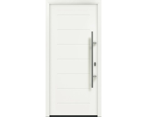 Porte d'entrée EcoStar ISOPRO IP 015 1100 x 2100 mm droite RAL 9016 blanc signalisation avec ensemble de ferrures, poignée barre en acier inoxydable, cylindre profilé de sécurité avec 5 clés